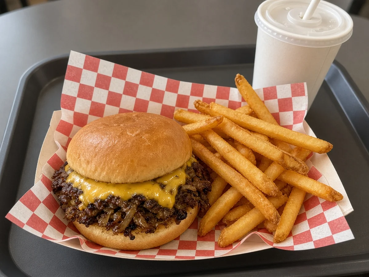 Single smash burger with grilled onions and melted cheese, a small serving of fries and a fountain drink on checkered paper