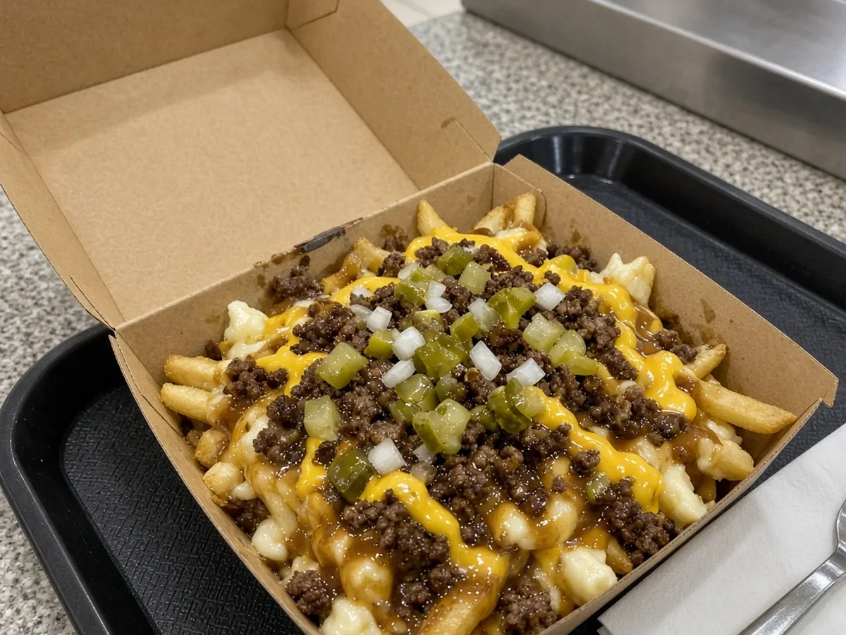 Poutine with fries, cheese curds and gravy topped with crumbled smash-burger beef, diced pickles, onions and cheese sauce in a kraft box
